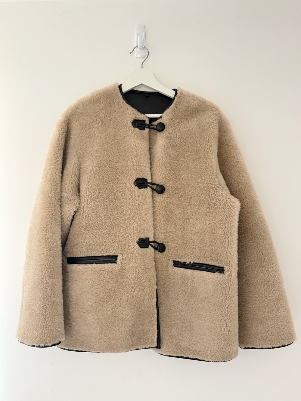 Mango Beige Faux Shearling Teddy Jacket with Toggle Closures
